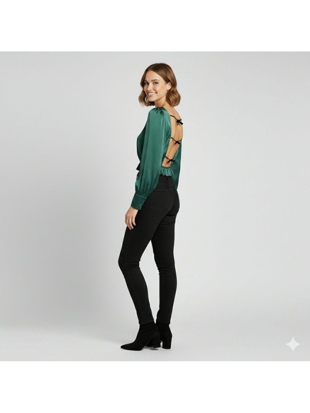 Wayf Forest Green Satin Blouse with Open Back & Velvet Bow – Size XS (NWT)